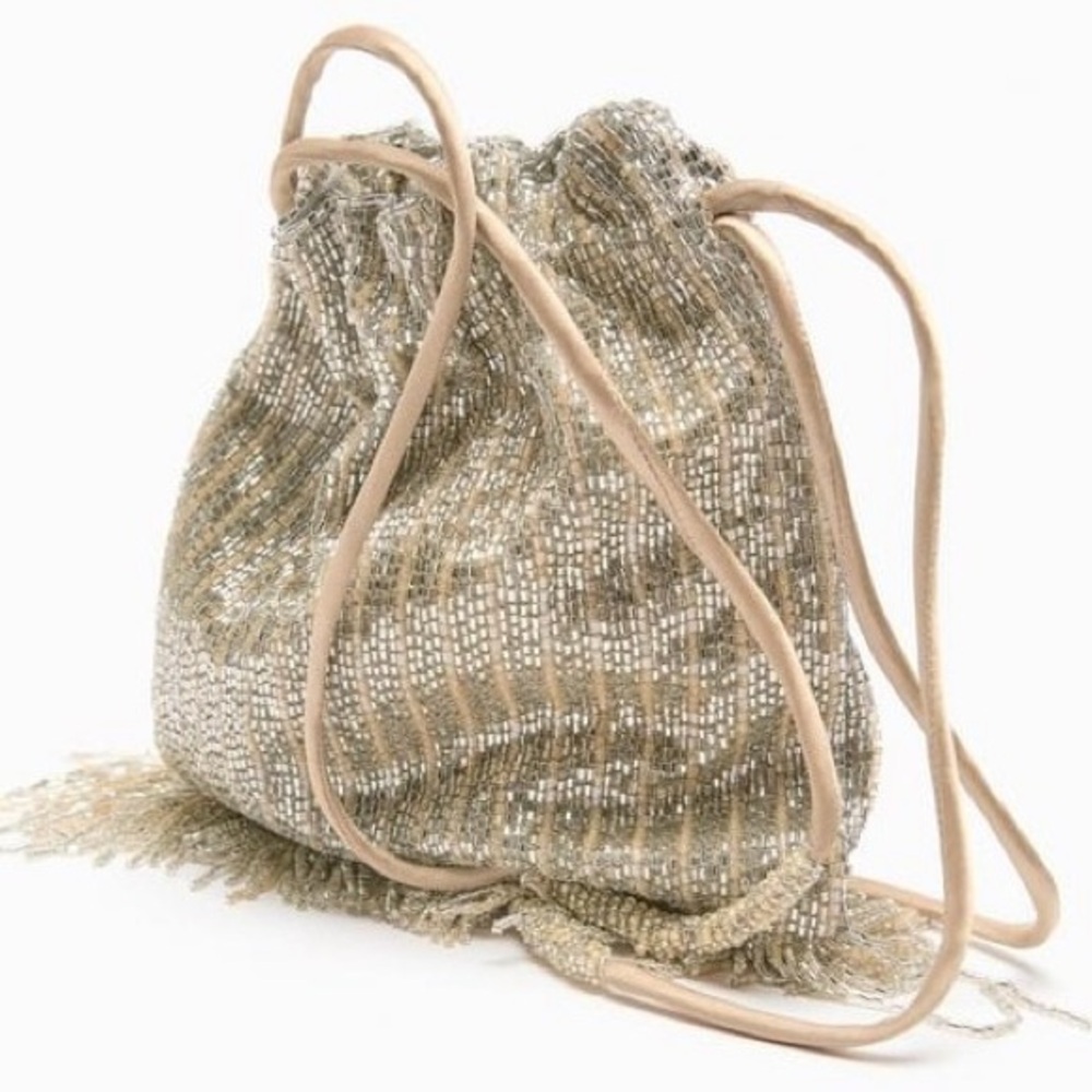 Zara Gold Beaded Fringe Drawstring Wristlet - Picture 2 of 8